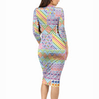 Aotearoa Kowhaiwhai Taniko Patchwork Rainbow Motifs Long Sleeve Bodycon Dress