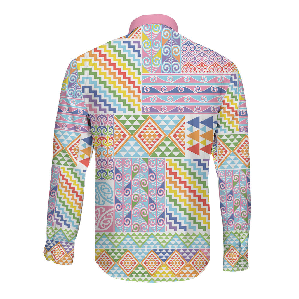 Aotearoa Kowhaiwhai Taniko Patchwork Rainbow Motifs Long Sleeve Button Shirt