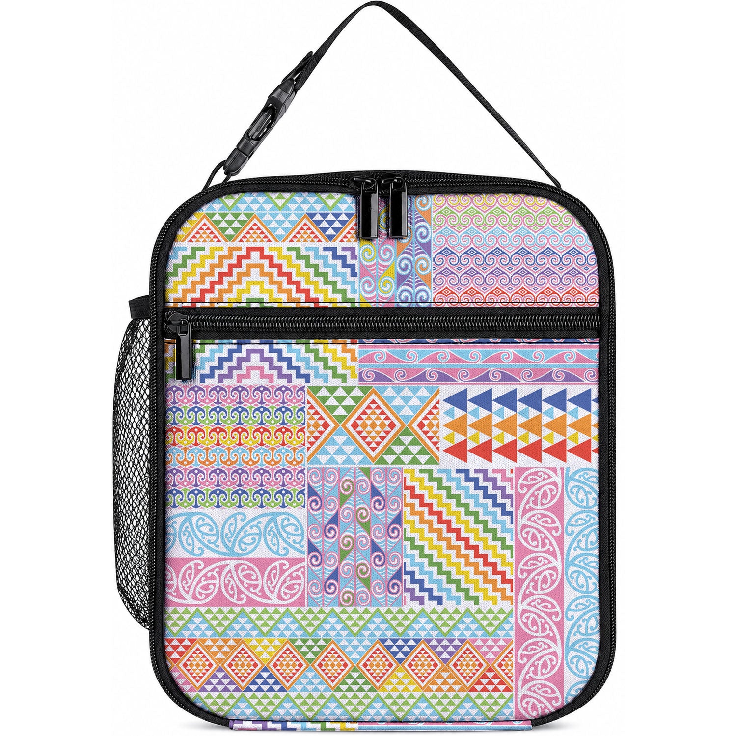 Aotearoa Kowhaiwhai Taniko Patchwork Rainbow Motifs Lunch Bag LT9 10.2 × 8.3 × 4.3 inch Rainbow - Polynesian Pride
