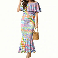 Aotearoa Kowhaiwhai Taniko Patchwork Rainbow Motifs Mermaid Dress