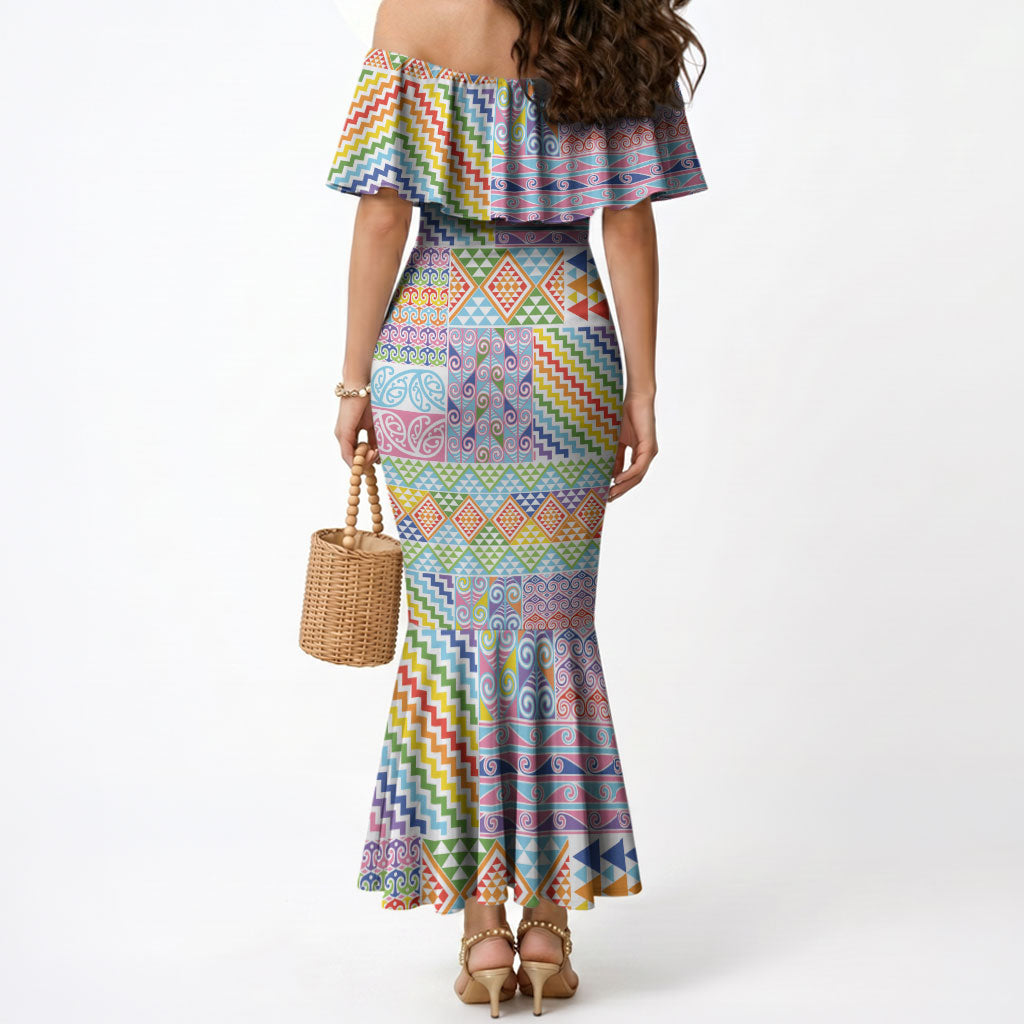 Aotearoa Kowhaiwhai Taniko Patchwork Rainbow Motifs Mermaid Dress