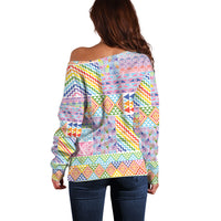 Aotearoa Kowhaiwhai Taniko Patchwork Rainbow Motifs Off Shoulder Sweater