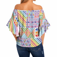 Aotearoa Kowhaiwhai Taniko Patchwork Rainbow Motifs Off Shoulder Wrap Waist Top