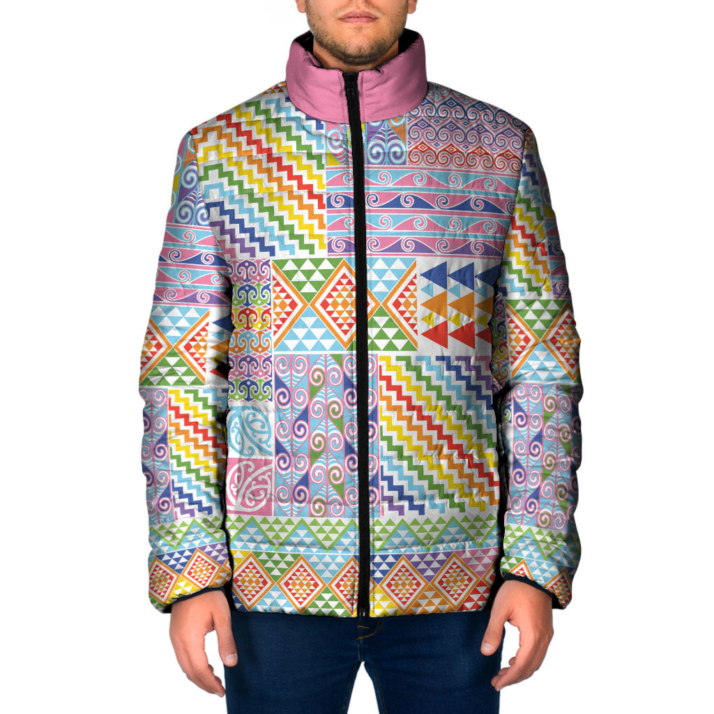 Aotearoa Kowhaiwhai Taniko Patchwork Rainbow Motifs Padded Jacket