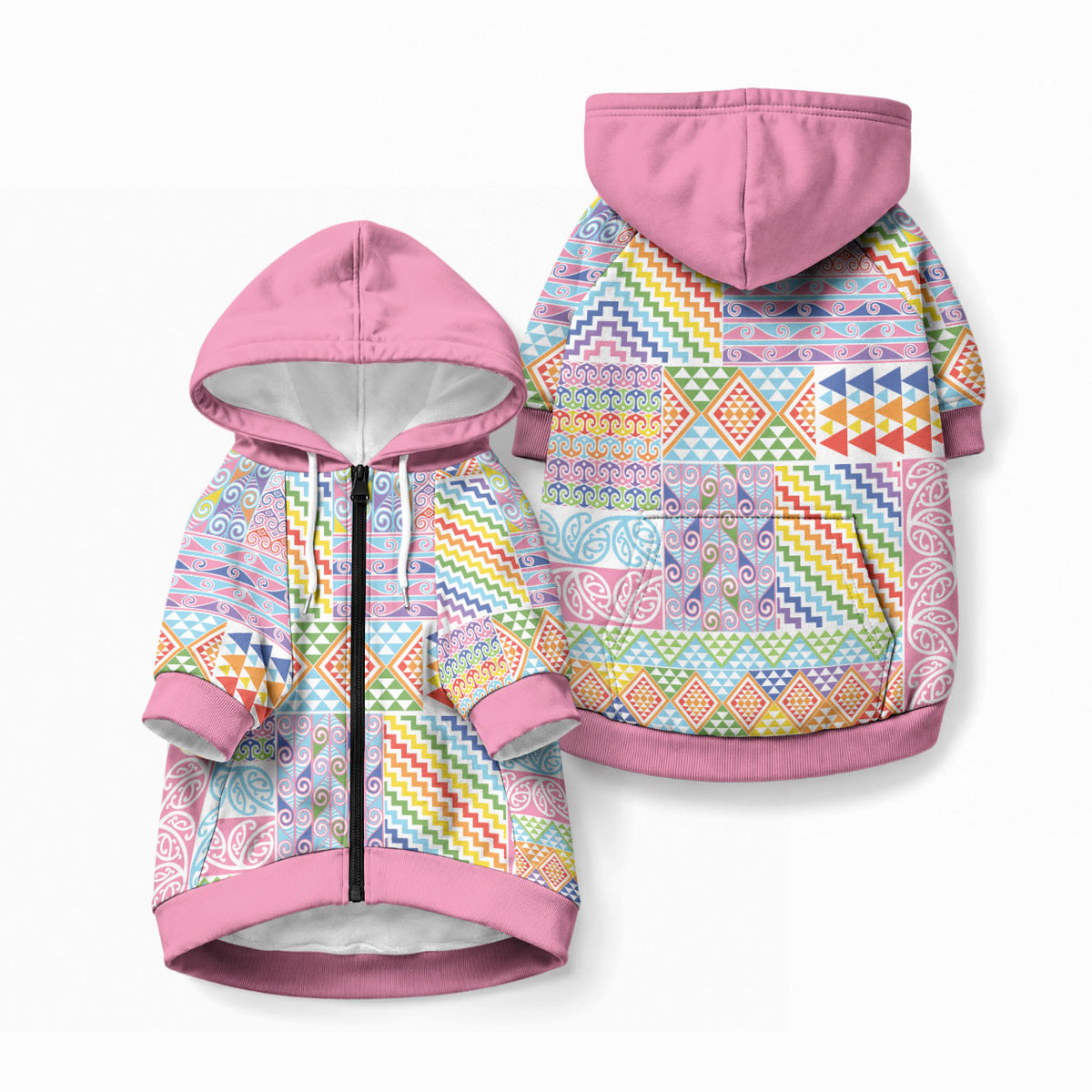 Aotearoa Kowhaiwhai Taniko Patchwork Rainbow Motifs Pet Hoodie