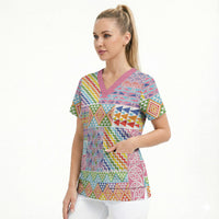 Aotearoa Kowhaiwhai Taniko Patchwork Rainbow Motifs Scrub Top