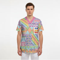 Aotearoa Kowhaiwhai Taniko Patchwork Rainbow Motifs Scrub Top