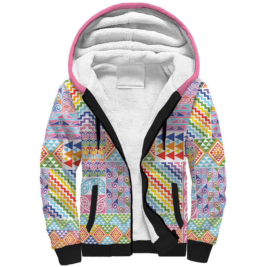Aotearoa Kowhaiwhai Taniko Patchwork Rainbow Motifs Sherpa Hoodie
