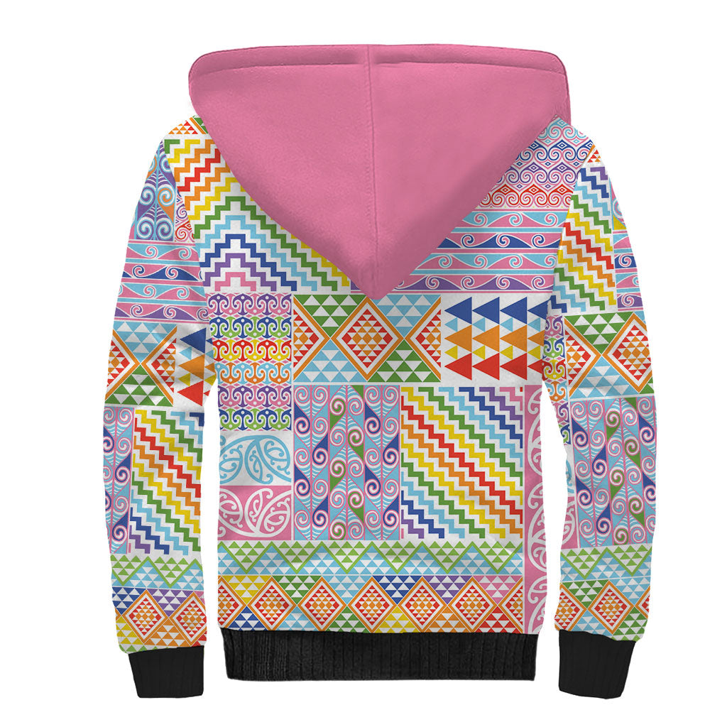 Aotearoa Kowhaiwhai Taniko Patchwork Rainbow Motifs Sherpa Hoodie