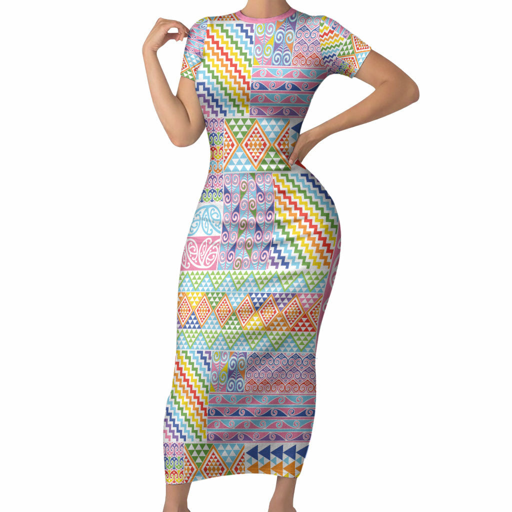 Aotearoa Kowhaiwhai Taniko Patchwork Rainbow Motifs Short Sleeve Bodycon Dress