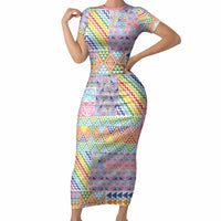 Aotearoa Kowhaiwhai Taniko Patchwork Rainbow Motifs Short Sleeve Bodycon Dress