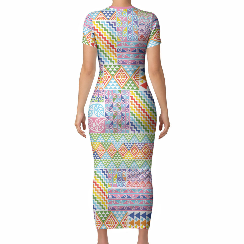 Aotearoa Kowhaiwhai Taniko Patchwork Rainbow Motifs Short Sleeve Bodycon Dress