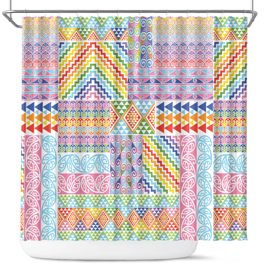 Aotearoa Kowhaiwhai Taniko Patchwork Rainbow Motifs Shower Curtain