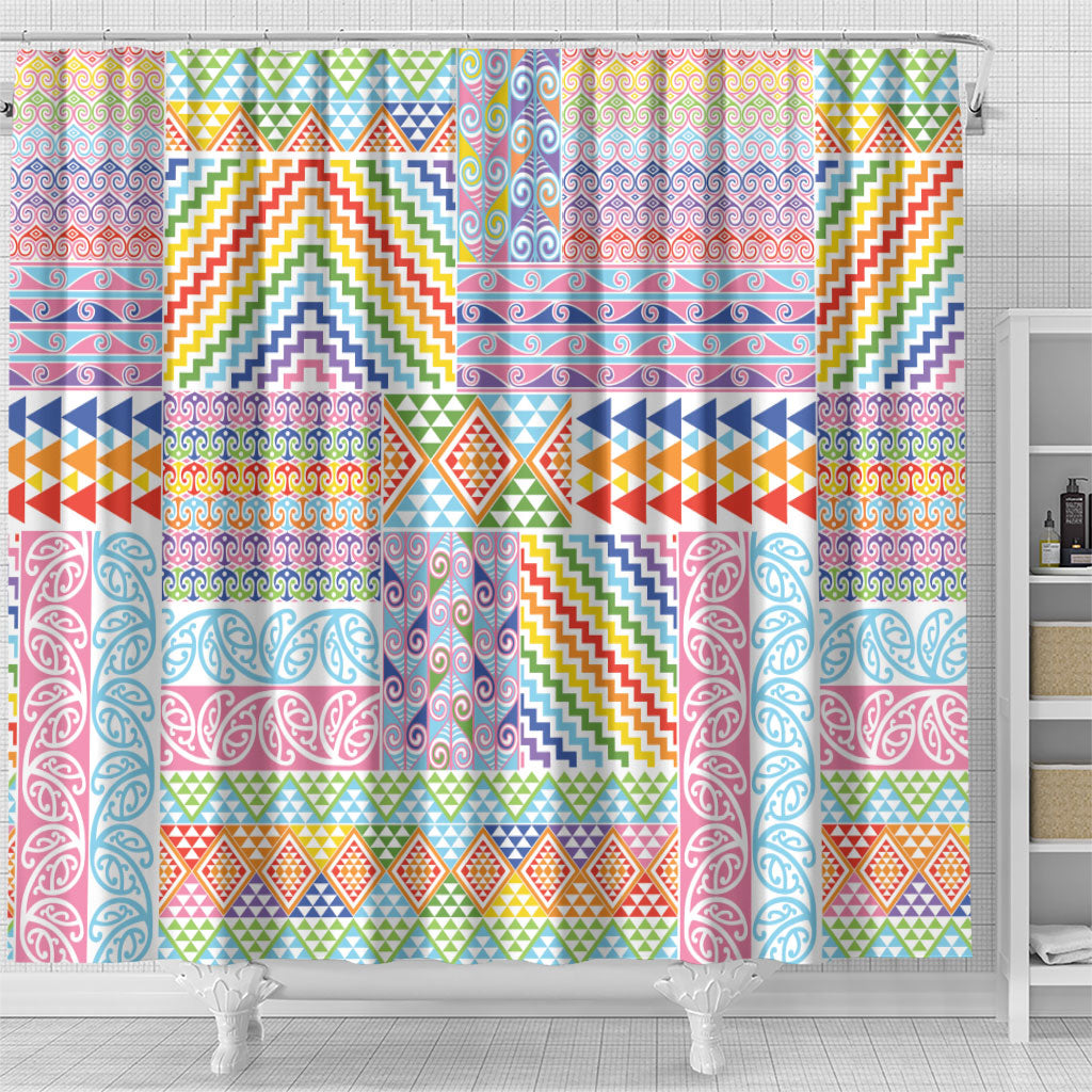 Aotearoa Kowhaiwhai Taniko Patchwork Rainbow Motifs Shower Curtain