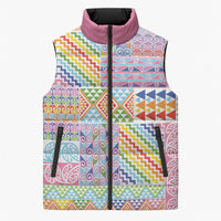 Aotearoa Kowhaiwhai Taniko Patchwork Rainbow Motifs Sleeveless Puffer Jacket
