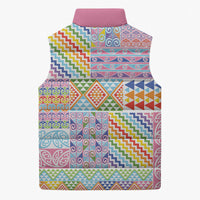 Aotearoa Kowhaiwhai Taniko Patchwork Rainbow Motifs Sleeveless Puffer Jacket