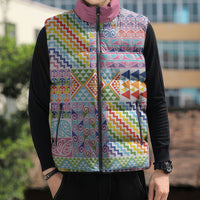 Aotearoa Kowhaiwhai Taniko Patchwork Rainbow Motifs Sleeveless Puffer Jacket