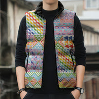 Aotearoa Kowhaiwhai Taniko Patchwork Rainbow Motifs Sleeveless Puffer Jacket
