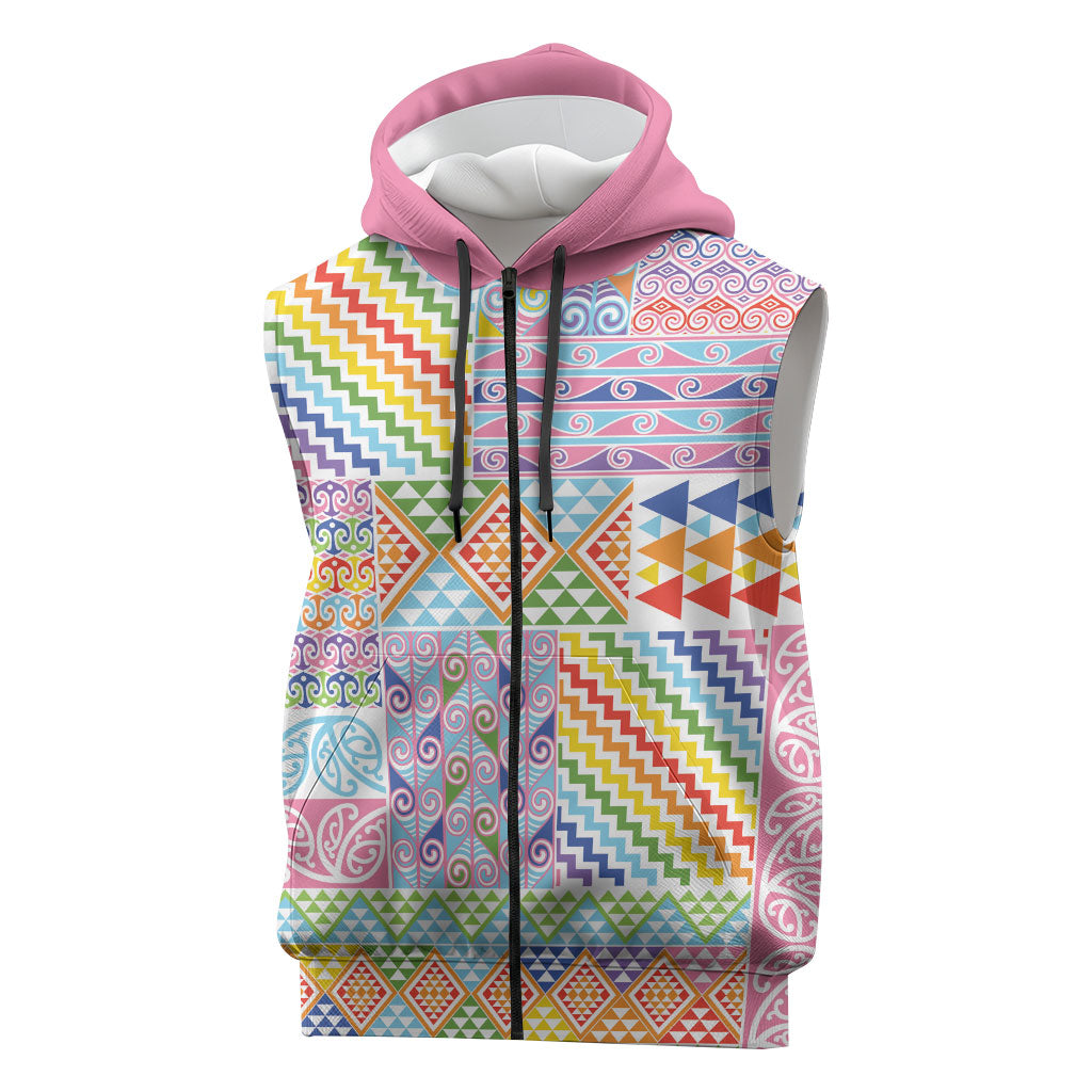 Aotearoa Kowhaiwhai Taniko Patchwork Rainbow Motifs Sleeveless Zip Hoodie