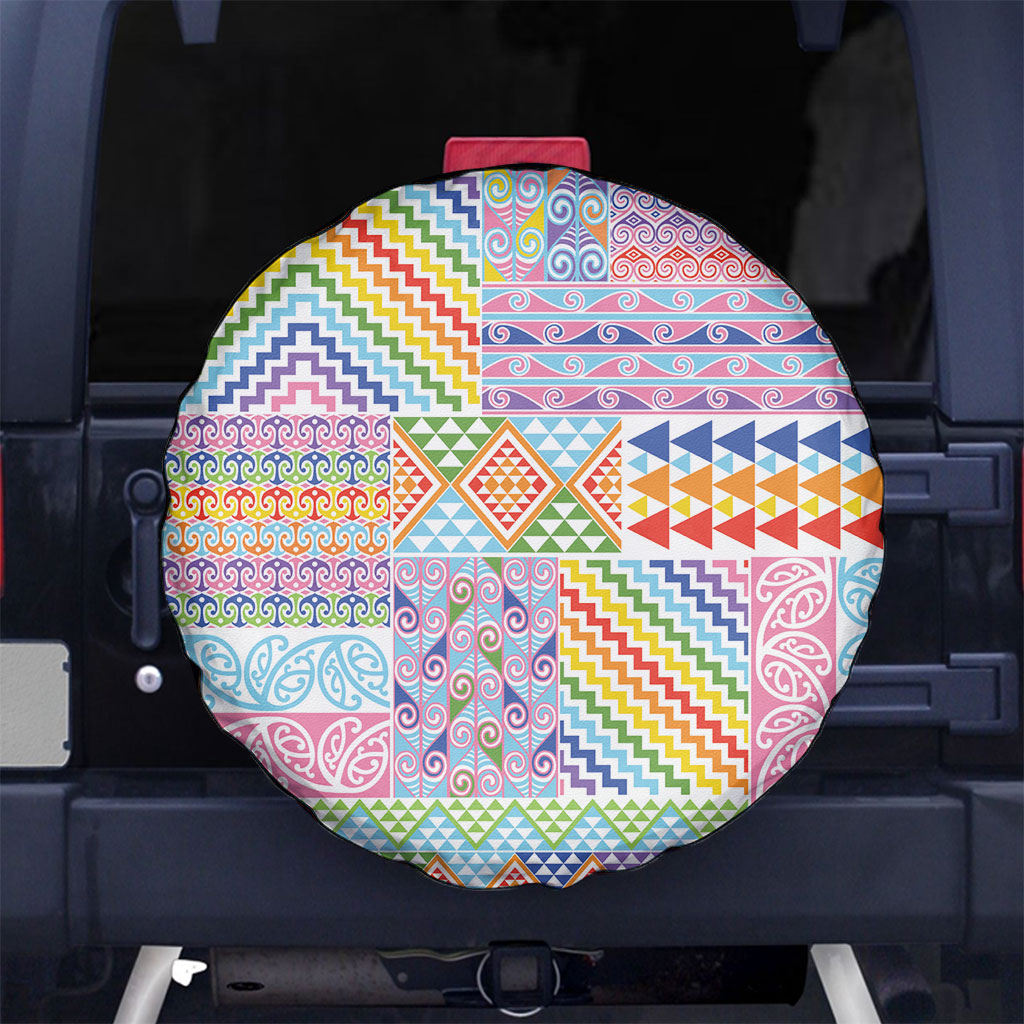 Aotearoa Kowhaiwhai Taniko Patchwork Rainbow Motifs Spare Tire Cover