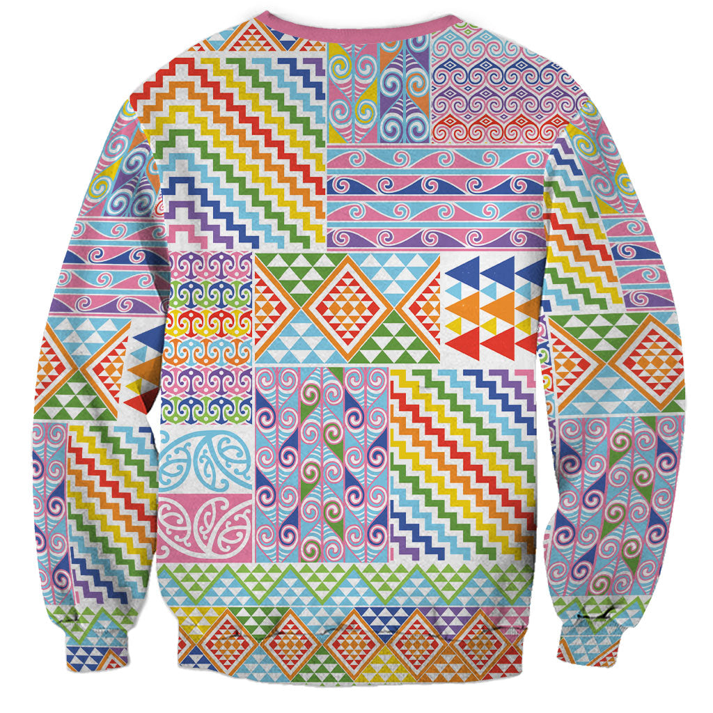 Aotearoa Kowhaiwhai Taniko Patchwork Rainbow Motifs Sweatshirt