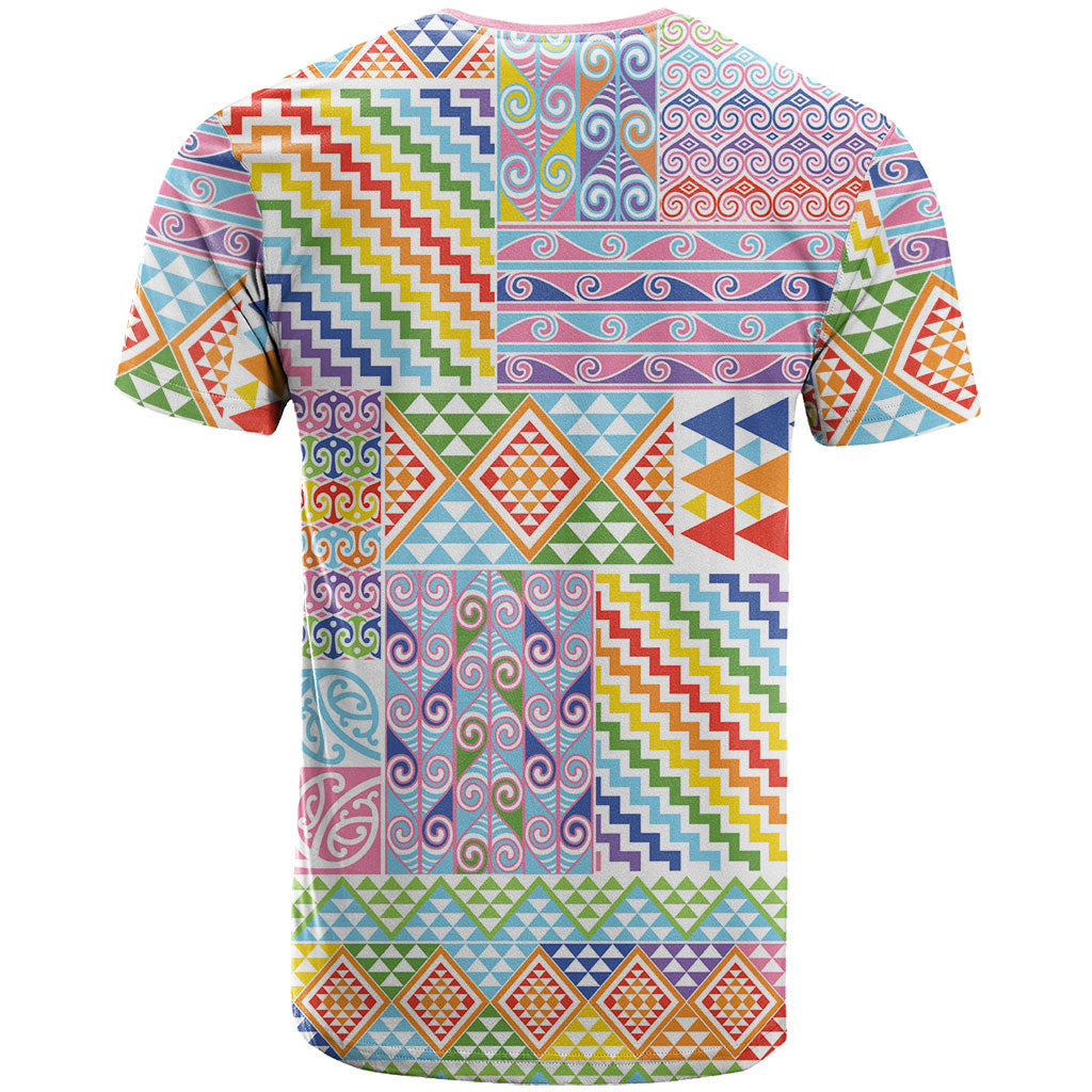 Aotearoa Kowhaiwhai Taniko Patchwork Rainbow Motifs T Shirt