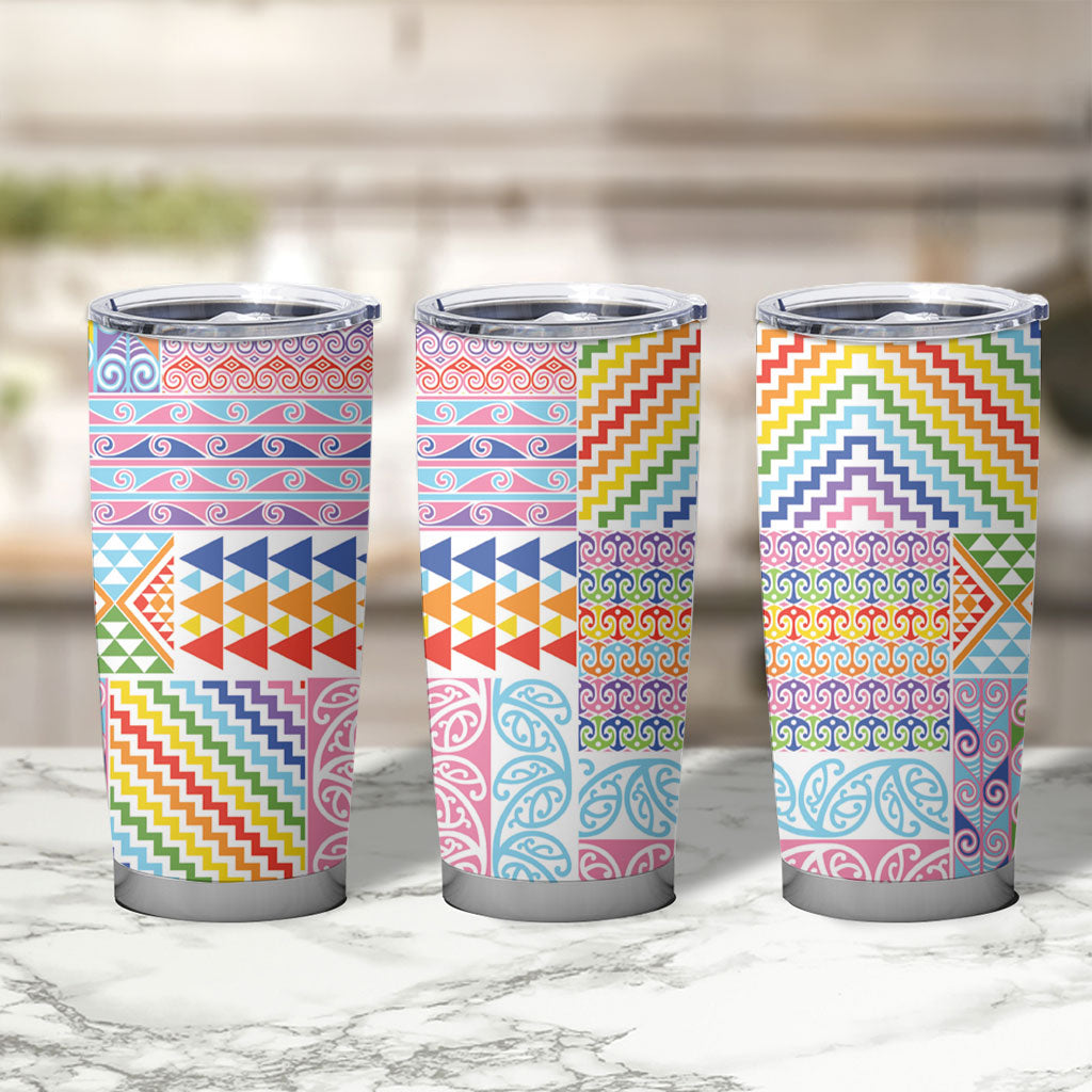 Aotearoa Kowhaiwhai Taniko Patchwork Rainbow Motifs Tumbler Cup