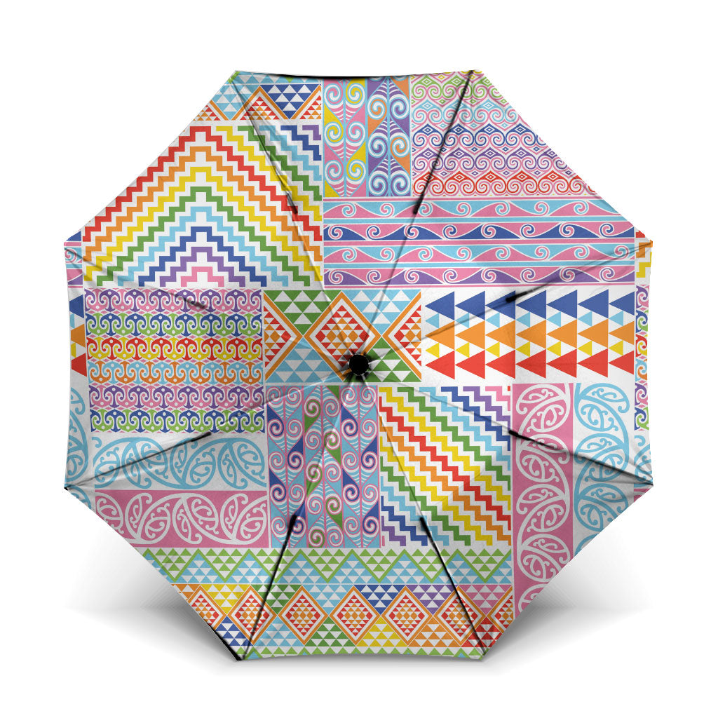 Aotearoa Kowhaiwhai Taniko Patchwork Rainbow Motifs Umbrella