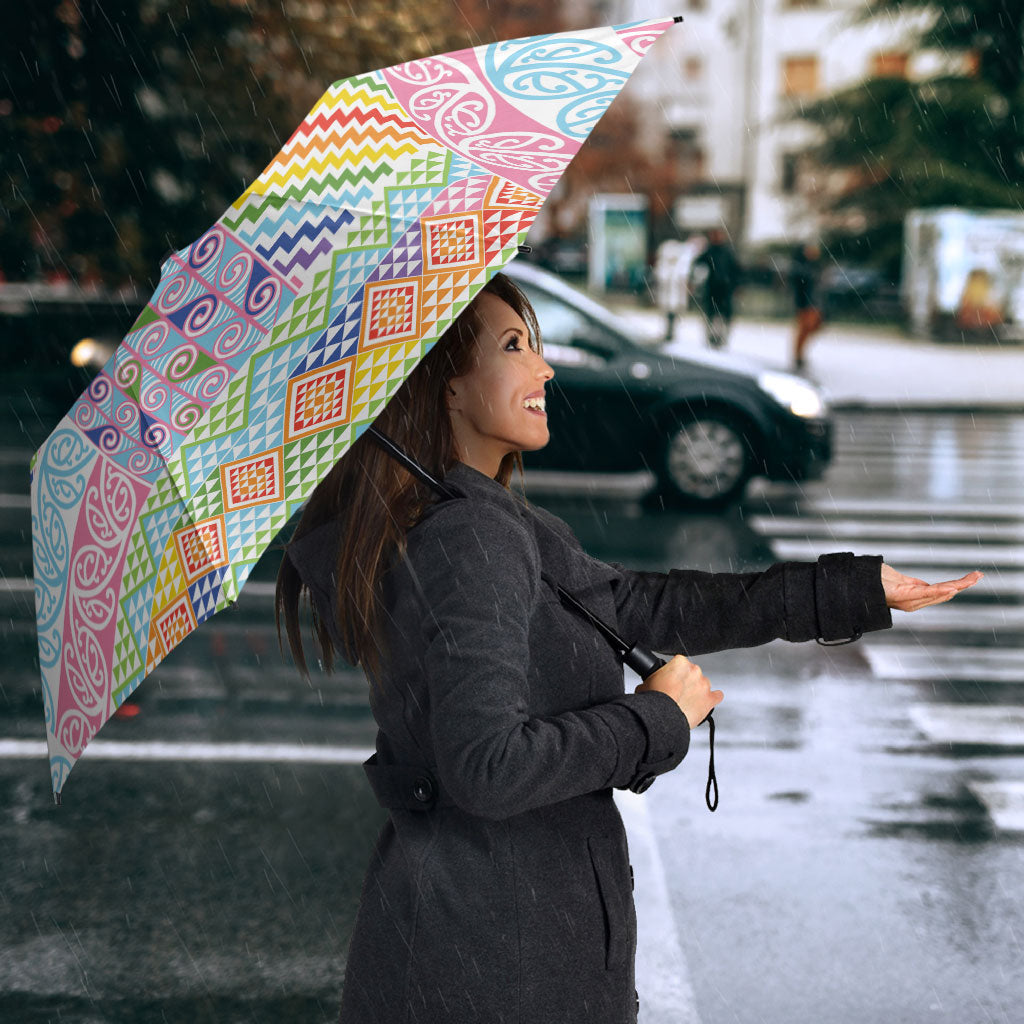 Aotearoa Kowhaiwhai Taniko Patchwork Rainbow Motifs Umbrella