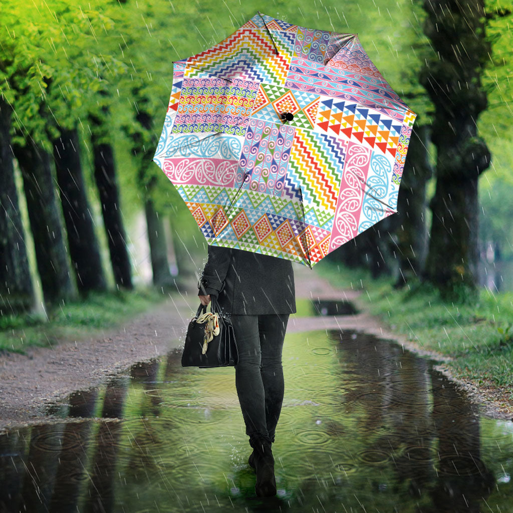 Aotearoa Kowhaiwhai Taniko Patchwork Rainbow Motifs Umbrella