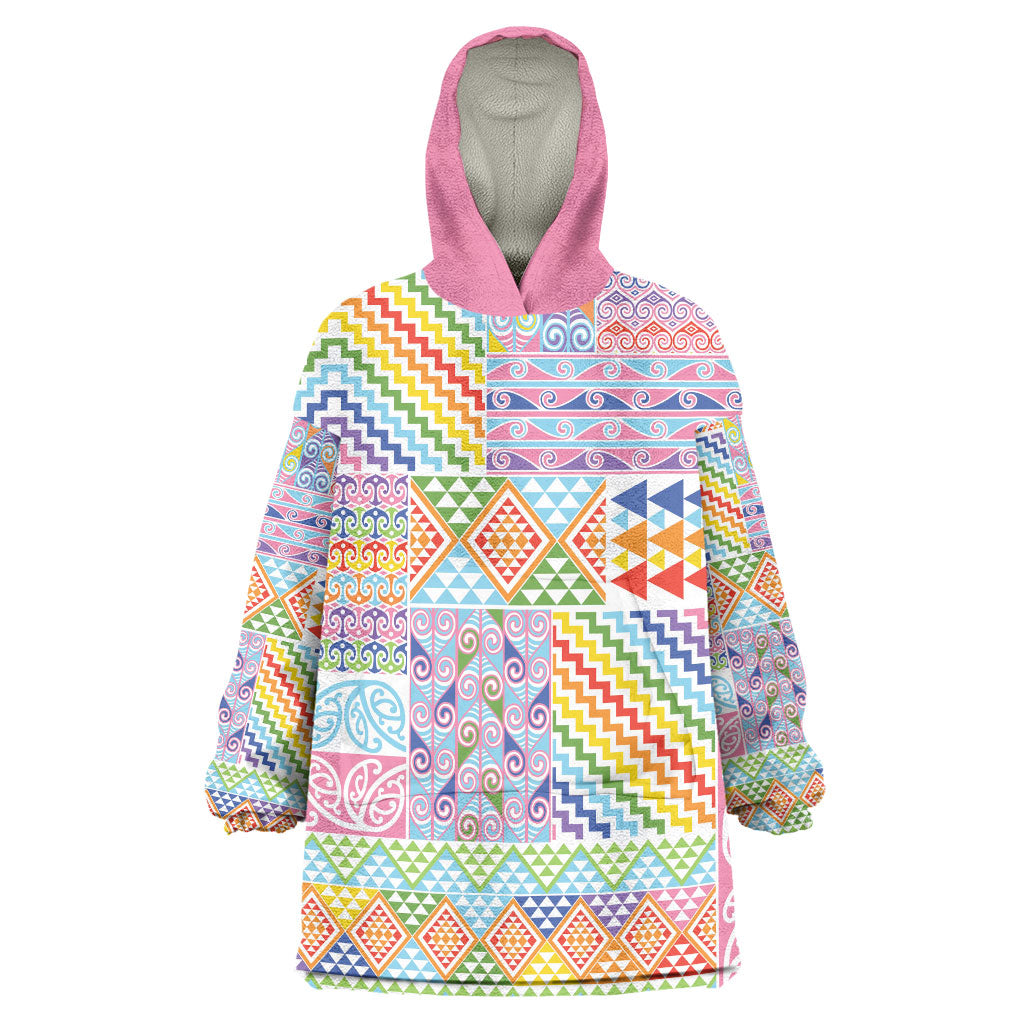 Aotearoa Kowhaiwhai Taniko Patchwork Rainbow Motifs Wearable Blanket Hoodie