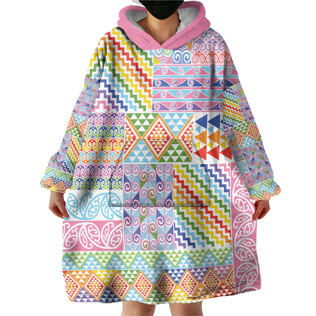 Aotearoa Kowhaiwhai Taniko Patchwork Rainbow Motifs Wearable Blanket Hoodie