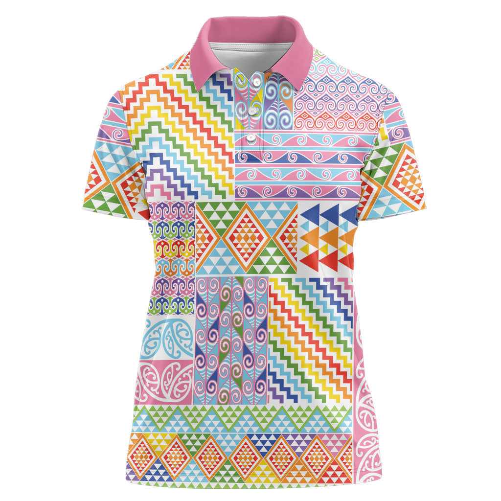 Aotearoa Kowhaiwhai Taniko Patchwork Rainbow Motifs Women Polo Shirt