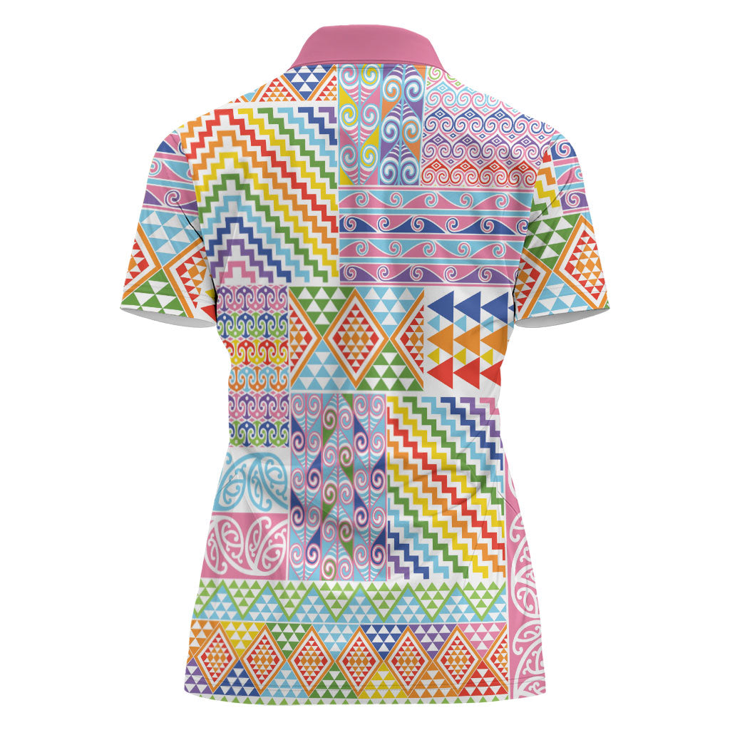 Aotearoa Kowhaiwhai Taniko Patchwork Rainbow Motifs Women Polo Shirt