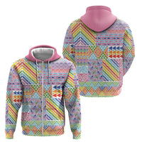 Aotearoa Kowhaiwhai Taniko Patchwork Rainbow Motifs Zip Hoodie