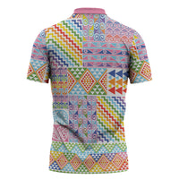 Aotearoa Kowhaiwhai Taniko Patchwork Rainbow Motifs Zipper Polo Shirt