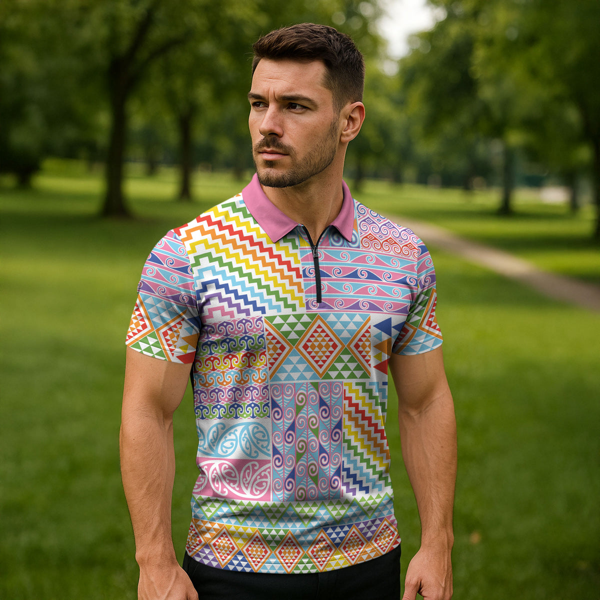 Aotearoa Kowhaiwhai Taniko Patchwork Rainbow Motifs Zipper Polo Shirt