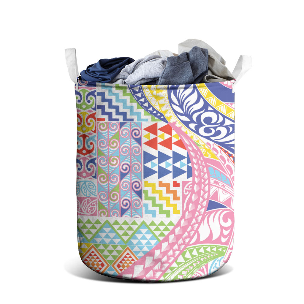 Maori Kowhaiwhai Taniko Patchwork Rainbow Motifs Laundry Basket