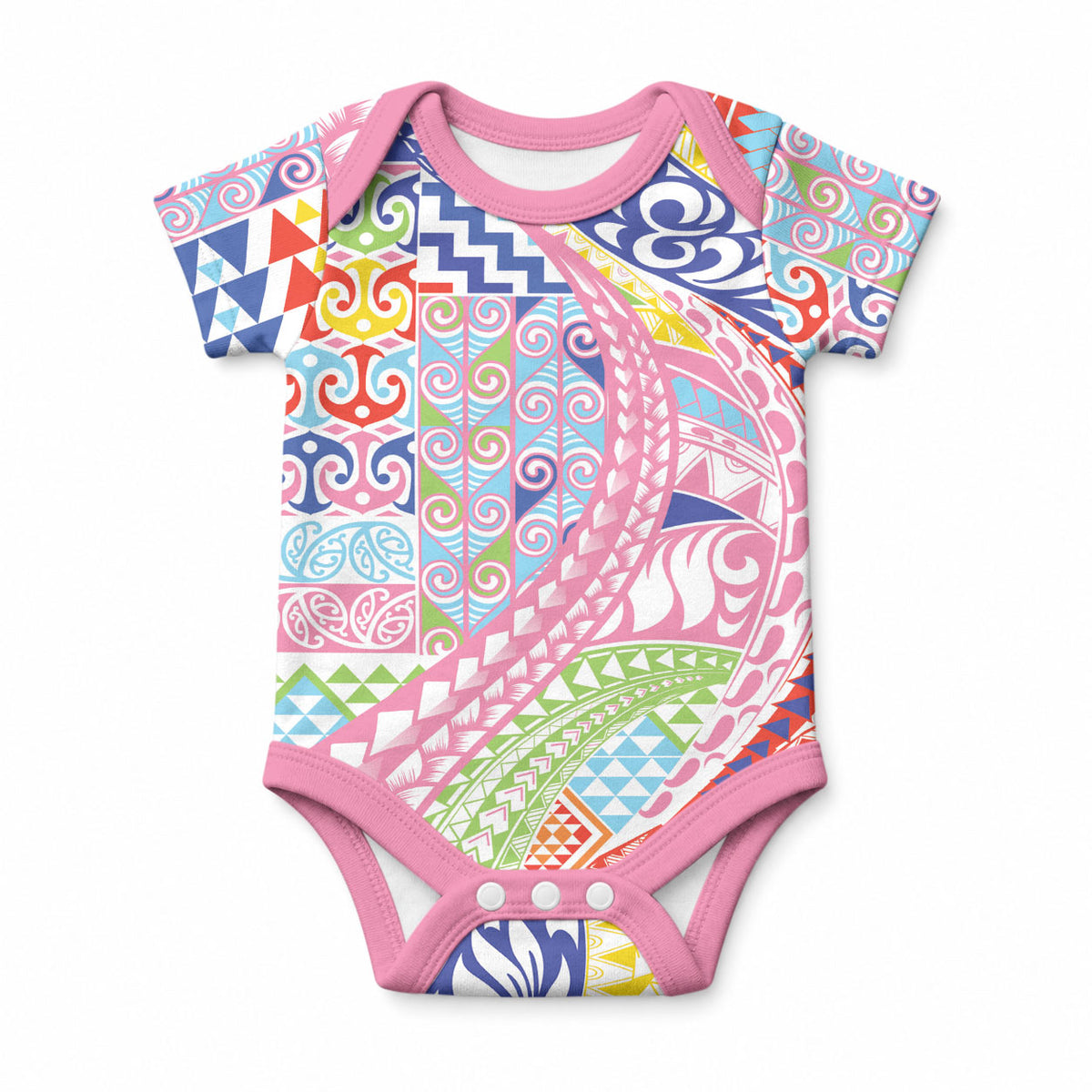 Maori Kowhaiwhai Taniko Patchwork Rainbow Motifs Baby Onesie