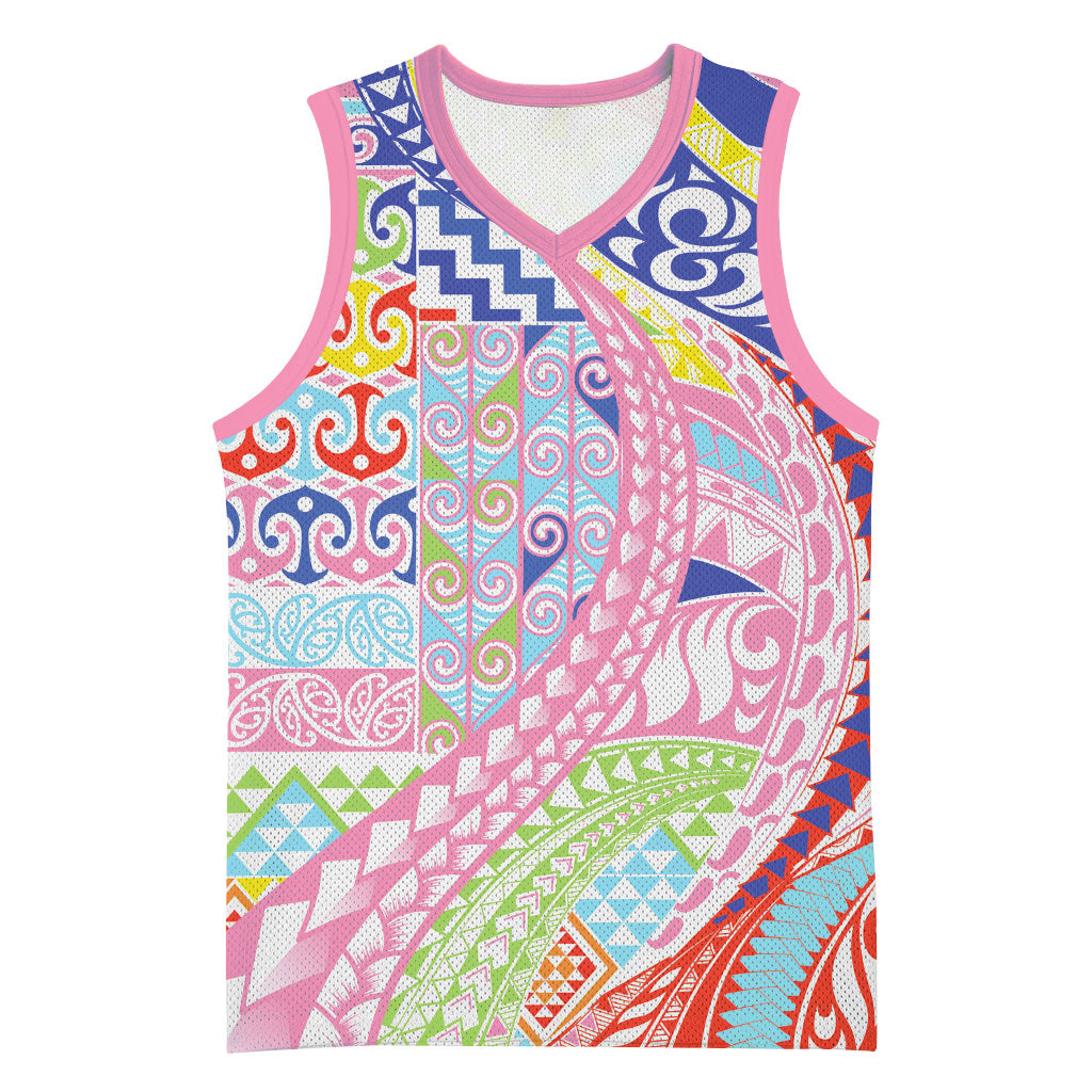 Maori Kowhaiwhai Taniko Patchwork Rainbow Motifs Basketball Jersey LT9 Unisex Rainbow - Polynesian Pride