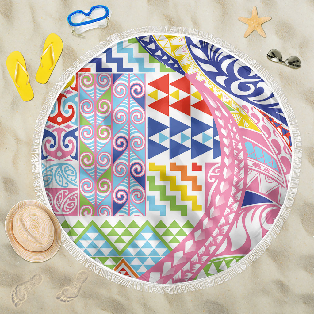 Maori Kowhaiwhai Taniko Patchwork Rainbow Motifs Beach Blanket