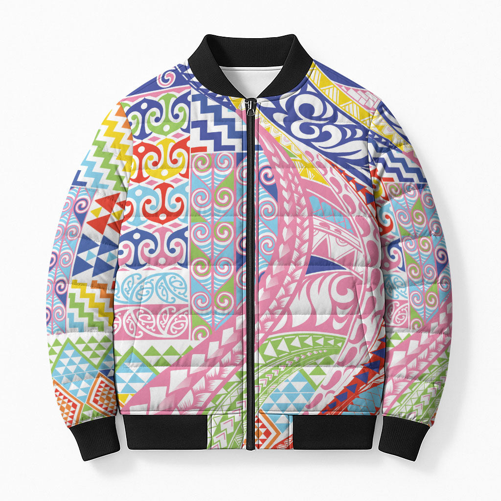 Maori Kowhaiwhai Taniko Patchwork Rainbow Motifs Bomber Puffer Jacket LT9 Unisex Rainbow - Polynesian Pride