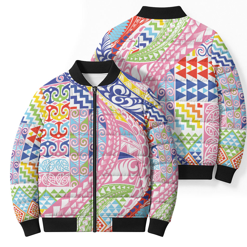 Maori Kowhaiwhai Taniko Patchwork Rainbow Motifs Bomber Puffer Jacket