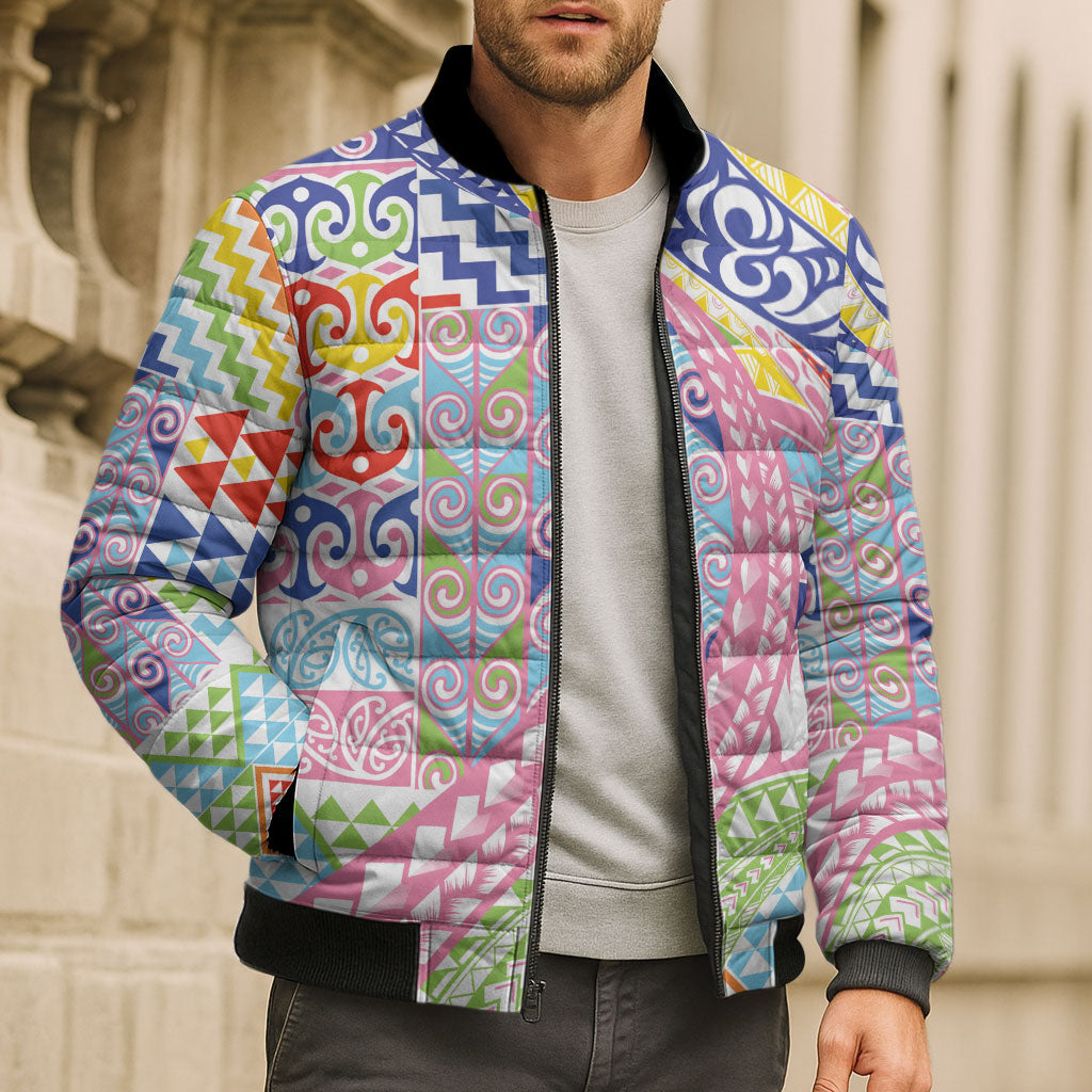 Maori Kowhaiwhai Taniko Patchwork Rainbow Motifs Bomber Puffer Jacket