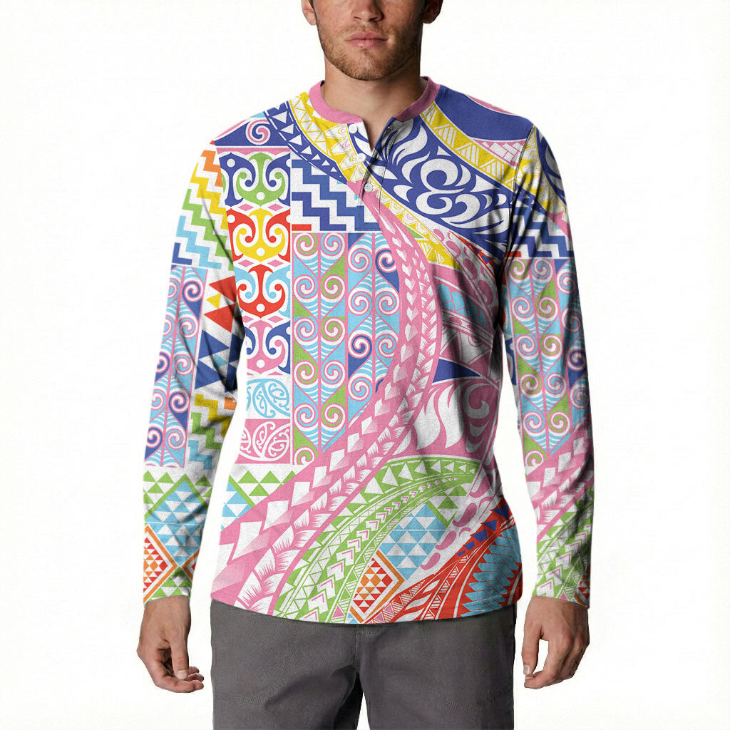 Maori Kowhaiwhai Taniko Patchwork Rainbow Motifs Button Sweatshirt