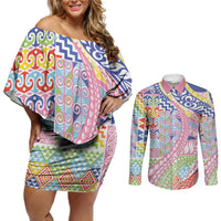 Maori Kowhaiwhai Taniko Patchwork Rainbow Motifs Couples Matching Off Shoulder Short Dress and Long Sleeve Button Shirt LT9 Rainbow - Polynesian Pride