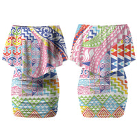Maori Kowhaiwhai Taniko Patchwork Rainbow Motifs Couples Matching Off Shoulder Short Dress and Long Sleeve Button Shirt LT9 - Polynesian Pride