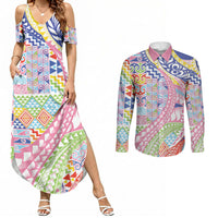 Maori Kowhaiwhai Taniko Patchwork Rainbow Motifs Couples Matching Summer Maxi Dress and Long Sleeve Button Shirt LT9 Rainbow - Polynesian Pride