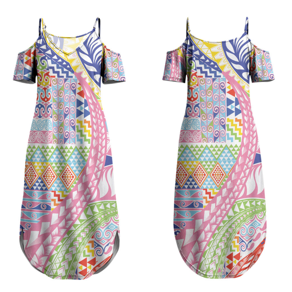 Maori Kowhaiwhai Taniko Patchwork Rainbow Motifs Couples Matching Summer Maxi Dress and Long Sleeve Button Shirt LT9 - Polynesian Pride