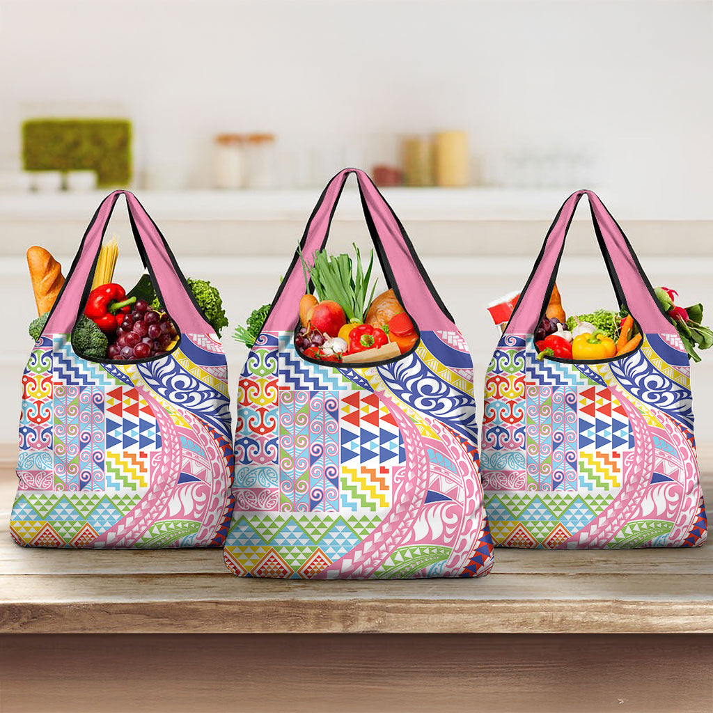 Maori Kowhaiwhai Taniko Patchwork Rainbow Motifs Grocery Bag